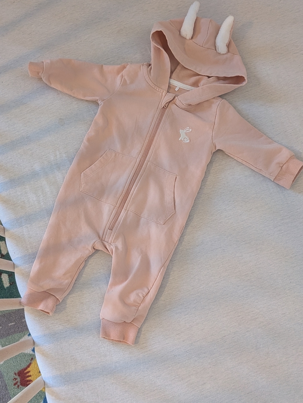 Petit Lem 🌘 - 6M - Baby Pink Hooded One-Piece with Bunny Ears